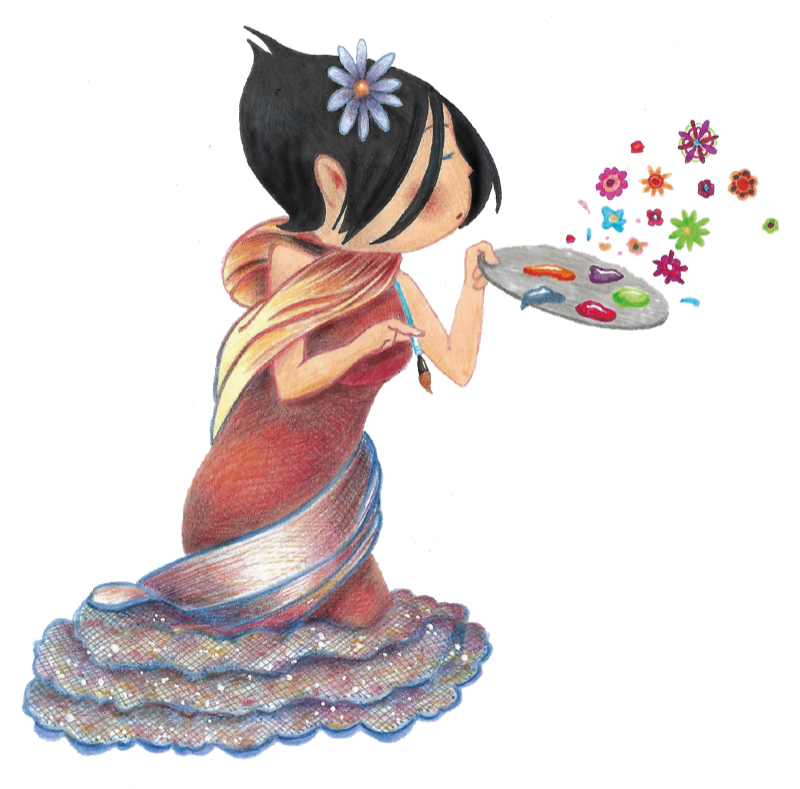 Tekening van een meisje met een bloem in haar haar dat met een verfpalet kleurrijke bloemen tovert