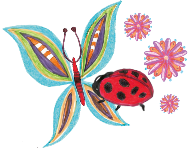 Kleurrijke tekening van een vlinder en lieveheersbeestje tussen roze bloemen