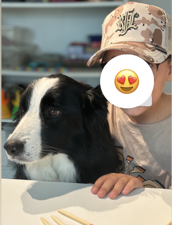 Kind met therapiehond Fidel tijdens een sessie